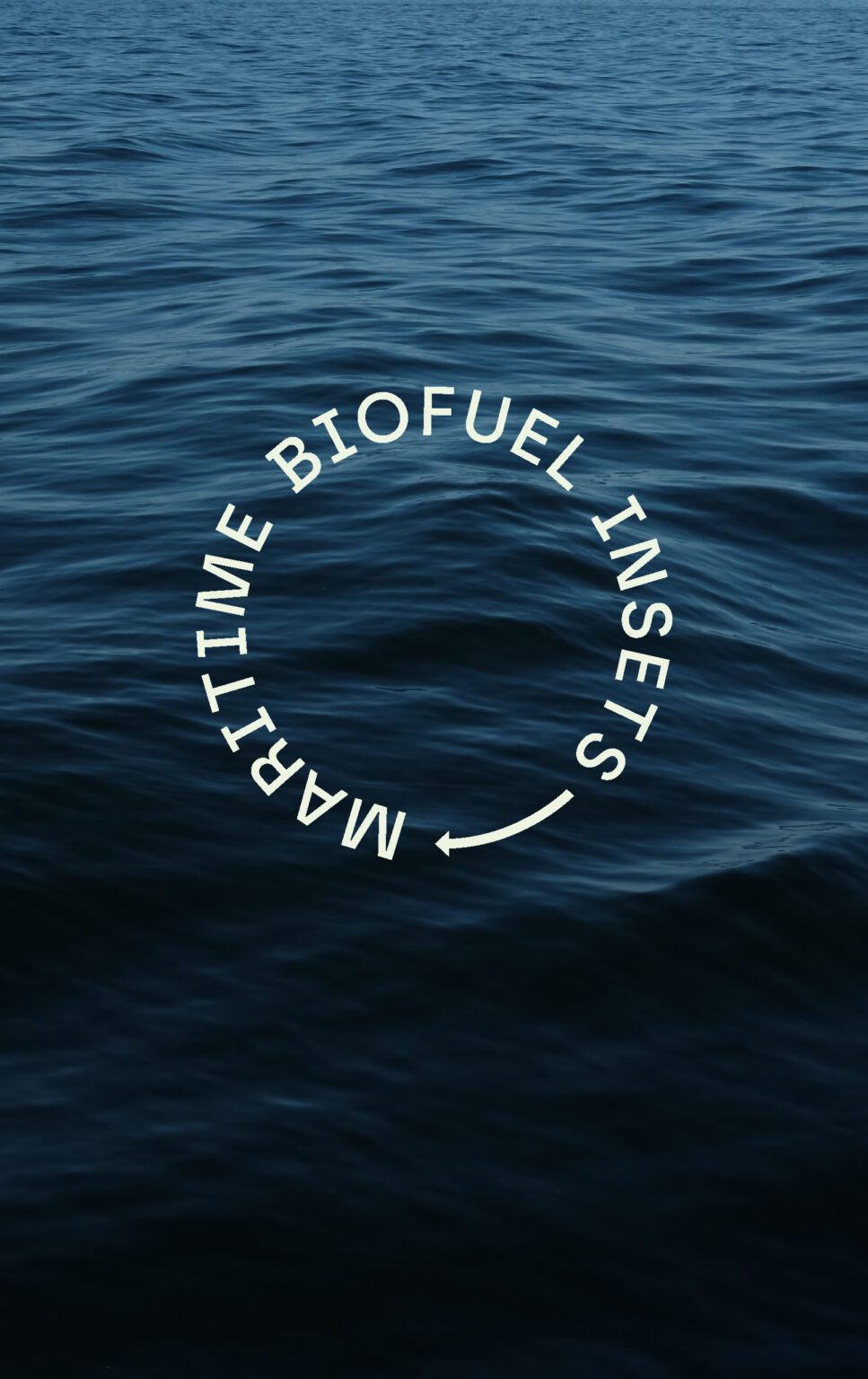 The image shows a view of the ocean with gentle waves. Overlaying the water is a circular text that reads "MARITIME BIOFUEL INSETS," with an arrow forming part of the circle.