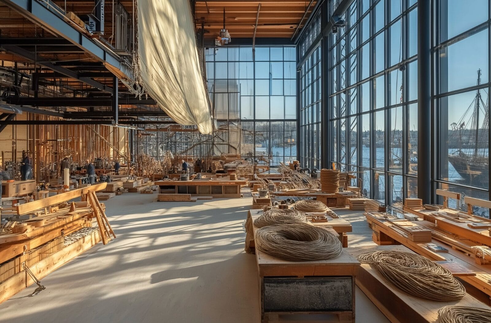 Spacious waterfront woodworking shop with benches lumber and coils of rope workers at tables and large glass walls overlooking harbor ships