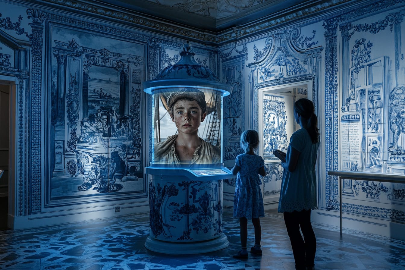 In a blue lit museum room two visitors observe a circular display case containing a portrait of a young girl